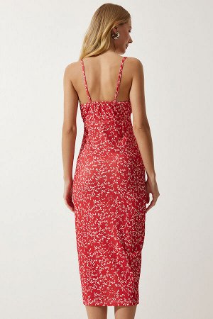 Женское красно-белое летнее вязаное платье с разрезом и цветочным принтом CI00029