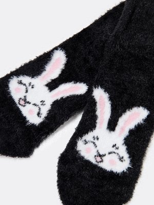 Женские укороченные носки из каракулевой пряжи черного цвета с зайчиком (1 упаковка по 5 пар)