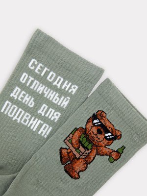 Носки мужские зеленые с рисунком в виде медведя и надписи (1 упаковка по 5 пар)