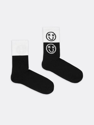 Мужские высокие носки черно-белого цвета со смайлами (1 упаковка по 5 пар)
