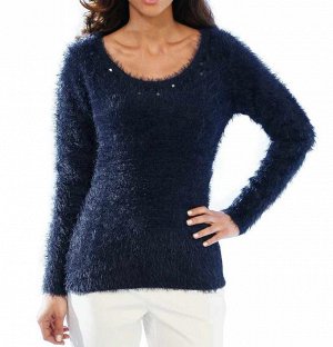 1к Ashley Brooke  Пуловер, синий  Пушистая мечта с нежным шармом. Дизайнерский пуловер из эффектной пряжи с блестками в тон. Подчеркивающий фигуру силуэт с женственным круглым вырезом горловины, длинн
