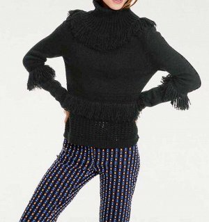 1к Rick Cardona  Пуловер, черный  Дизайнерский пуловер с красивым узором и бахромой. Подчеркивающий фигуру силуэт с большим воротником-стойкой, длинными рукавами и краями резиночной вязкой. Длина ок. 