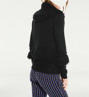 1к Rick Cardona  Пуловер, черный  Дизайнерский пуловер с красивым узором и бахромой. Подчеркивающий фигуру силуэт с большим воротником-стойкой, длинными рукавами и краями резиночной вязкой. Длина ок. 