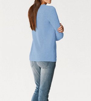 1к PATRIZIA DINI  Пуловер, голубой  Кашемир - идеальный материал для низких температур. Стильный волан спереди. Подчеркивающий фигуру силуэт с женственным треугольным вырезом и длинными рукавами. Длин