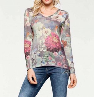 1к Heine - Best Connections  Пуловер, пестрый  Красивый пуловер с цветочным рисунком. Подчеркивающий фигуру силуэт с женственным треугольным вырезом, длинными рукавами и краями резиночной вязкой. Спер
