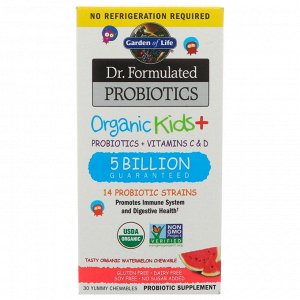 Garden of Life, Пробиотическая добавка Dr. Formulated Probiotics, Organic Kids +, пробиотики и витамины C и D, 5 млрд, вкусный о