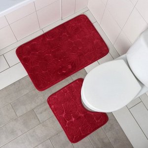 Набор ковриков для ванной и туалета Доляна «Галька, ракушки», 2 шт, 40x50 см, 50x80 см, цвет бордовый