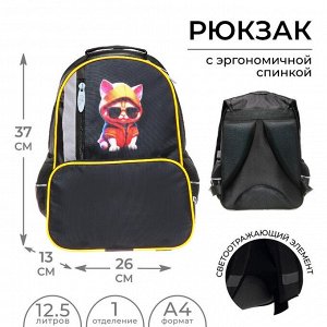 Рюкзак школьный, 37 х 26 х 13 см, эргономичная спинка, Calligrata ОРТ "Крутой кот"