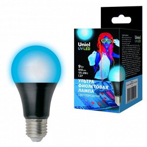 Лампа светодиодная ультрафиолетовая для дискотек . Спектр UVA 410нм. LED-A60-9W/UVAD/E27/FR PLZ07BK