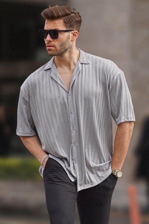 Окрашенная мужская рубашка в серую полоску с коротким рукавом 6738