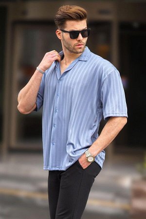 Мужская рубашка в полоску индиго с коротким рукавом 6738