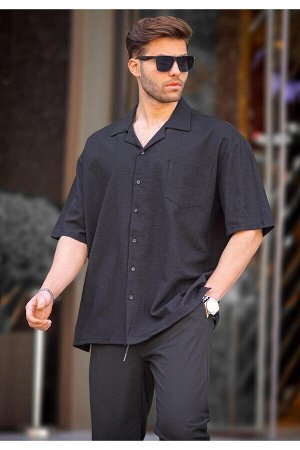Черная мужская рубашка оверсайз с коротким рукавом 6737