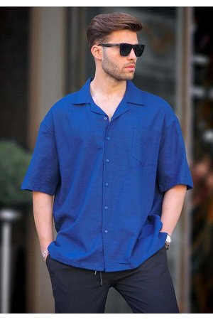 Темно-синяя мужская рубашка оверсайз с коротким рукавом 6737