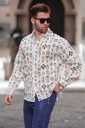 Мужская рубашка оверсайз с длинным рукавом цвета хаки с рисунком 6731