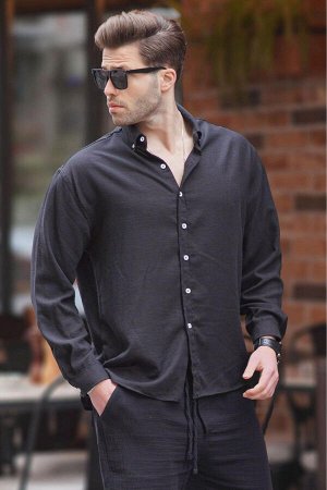 Черная мужская рубашка оверсайз с длинным рукавом 6735