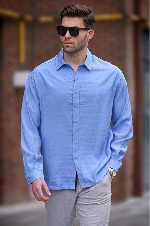 Синяя мужская рубашка оверсайз с длинным рукавом 6733