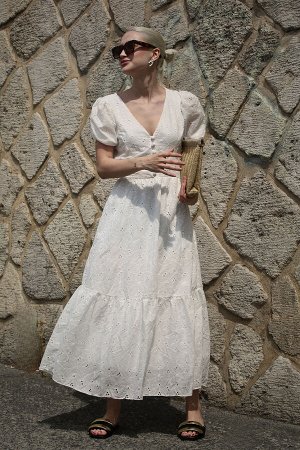 Madmext Белое длинное платье с объемными рукавами MG1865