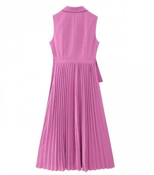 Плиссированное платье, лиф асимметричный с лацканами,  розовый
