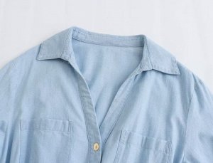 Платье-рубашка под джинсу, на пуговицах с поясом,  голубой