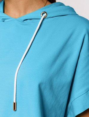 Летнее худи over-size из премиального хлопка с фирменной фурнитурой золотистого цвета светло-голубой