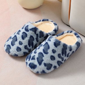 Тапочки женские домашние плюшевые с закрытым носком, синие с леопардовым принтом