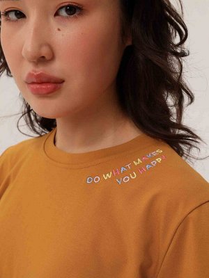 MY Футболка широкая женская с разноцветной вышивкой на предплечье &quot;DO WHAT MAKES YOU HAPPY&quot; классическая regular fit. Позитивная аффирмация