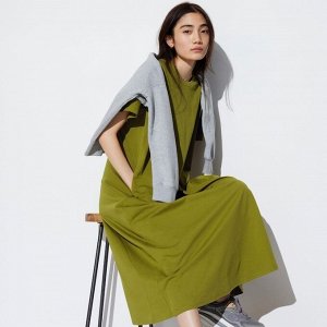 UNIQLO - платье с коротким рукавом из хлопка Airism (стандартная длина 114-125 см) - 56 OLIVE