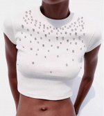 ТОП CROP ИЗ РИФЛЕНОГО ТРИКОТАЖА СО СТРАЗАМИ арт. 6050394 250, белый