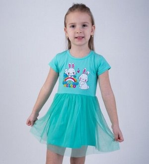 Платье детское для девочки с принтом короткий рукав цвет Мята (зайки) Тимошка