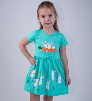 Платье детское для девочки с принтом короткий рукав цвет Мята (зайцы с морковкой) Тимошка