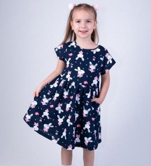 Платье для девочки хлопок короткий рукав цвет Темно-синий (заяц розовый) Тимошка