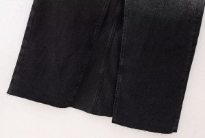 Юбка-миди джинсовая с разрезом, с металлизированным напылением, черный\серебро