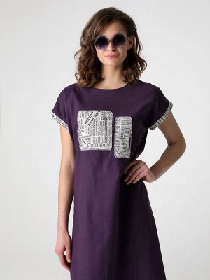 Платье Льняное стильное платье прямого силуэта с короткими цельнокроеными рукавами подходит для девушек и женщин разных возрастных групп. Оригинальная аппликация из принтованного льна и разноуровневая