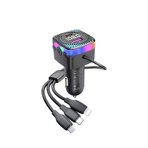 NEW ! Автомобильное зарядное устройство модулятор 7in1 Earldom M98 Shadow 3*кабеля + USB + Type-C + FM-трансмиттер, 15W, 3.1A, черный, дисплей, подсветка RGB