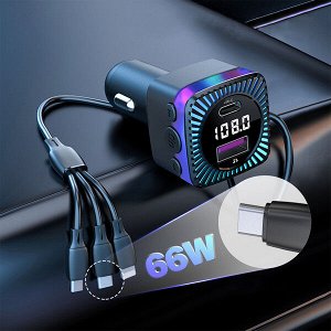 NEW ! Автомобильное зарядное устройство модулятор 7in1 Earldom M98 Shadow 3*кабеля + USB + Type-C + FM-трансмиттер, 15W, 3.1A, черный, дисплей, подсветка RGB