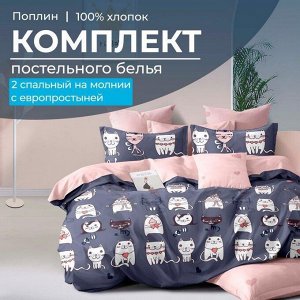 Комплект постельного белья 2-спальный с Евро простыней,на молнии, поплин (Забавные котики)