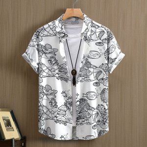 Рубашка с коротким рукавом, унисекс, принт "рыбы", цвет белый/черный