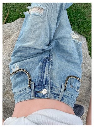 Рваные джинсы, широкие, прямого фасона, женские, цвет светло-синий ретро