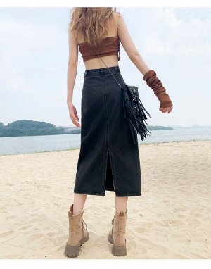 Джинсовая юбка миди, с регулируемым поясом, женская, цвет серо-чёрный