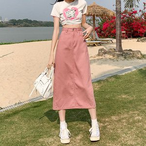 Джинсовая юбка миди, с регулируемым поясом, женская, цвет розовый