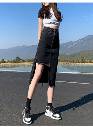 Джинсовая юбка мили, с ассиметричным разрезом, цвет тёмно-серый
