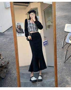 Джинсовая юбка макси, женская, годе с разрезом спереди, цвет чёрно-серый