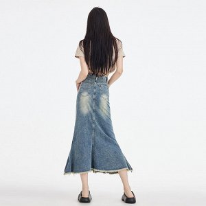 Джинсовая юбка макси, женская, с карманами спереди, цвет синий-ретро