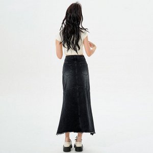 Джинсовая юбка макси, женская, фасон "Рыбий хвост", цвет чёрный-ретро