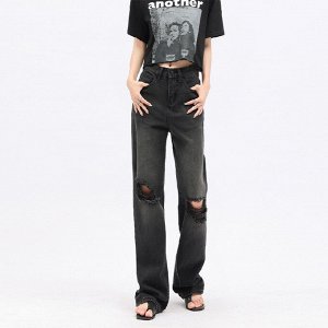 Рваные джинсы, широкие, прямого фасона, женские, цвет чёрный-ретро