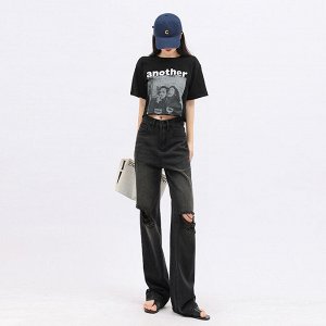 Рваные джинсы, широкие, прямого фасона, женские, цвет чёрный-ретро
