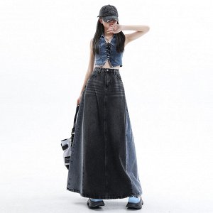 Джинсовая юбка макси, женская, двухцветная, основной цвет чёрный, дополнительный синий