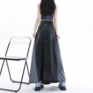 Джинсовая юбка макси, женская, двухцветная, основной цвет чёрный, дополнительный синий