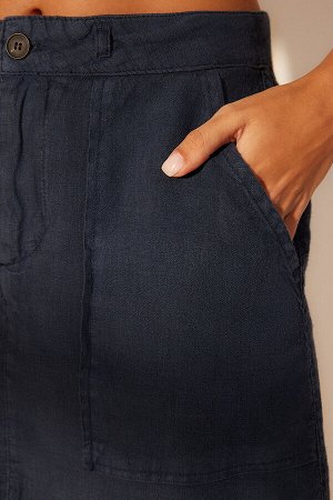 Мини-юбка из 100% льна темно-синего цвета с карманами