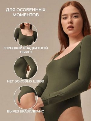 Женское бесшовное боди с квадратным вырезом и длинным рукавом из мягкой эластичной микрофибры. Цвет: olive (оливковый)